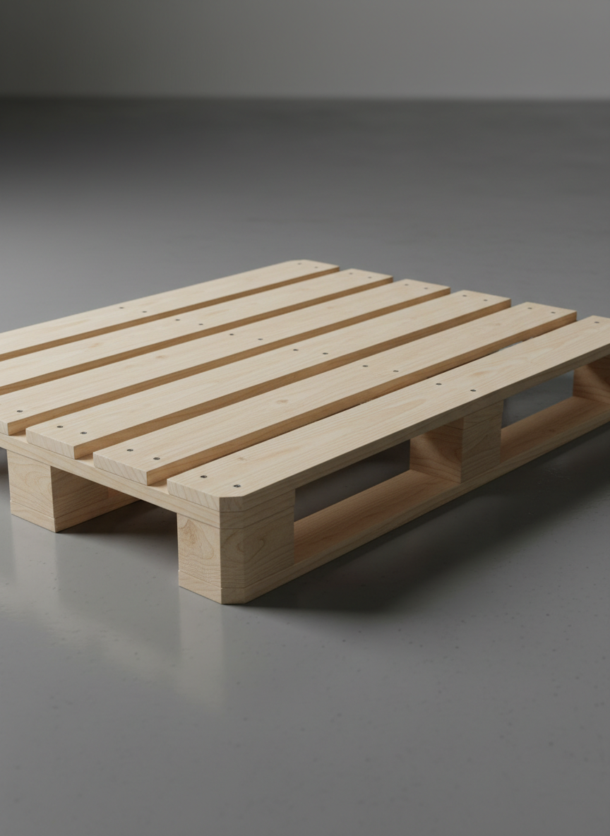 A close-up, photographic view of a single pristine wooden pallet resting on a spotless industrial floor, showing crisp edges, uniform planks, and solid block construction. The natural beige wood tone contrasts with a dark gray epoxy-coated surface, with tiny wood fibers and nail heads sharply in focus. Soft studio-style lighting from the upper left creates controlled highlights on the top deck boards and defined shadows underneath. The background gently fades to a neutral blur, keeping attention on the pallet’s build quality. Shot from a slightly elevated angle with a clean, minimalist composition, the mood is highly professional and product-focused, showcasing the strength and precision of the pallet for commercial buyers.