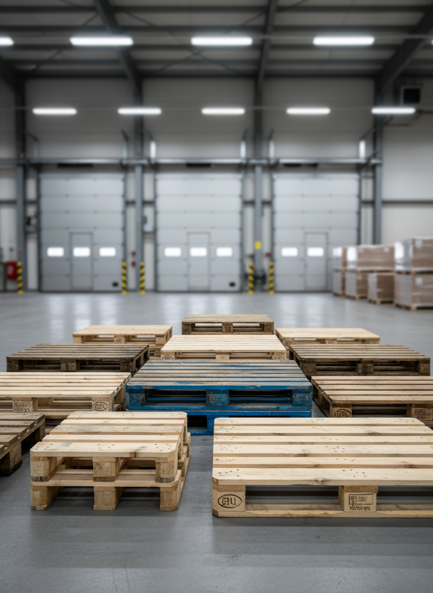 An assortment of different-sized wooden pallets—half pallets, Euro pallets, and custom oversized pallets—arranged in a staggered formation on a wide warehouse loading area. Each pallet shows slight variation in color from pale new timber to slightly darker seasoned wood, illustrating a range of options. Overhead LED lighting casts bright, even illumination, with soft, tidy shadows that outline each footprint. In the softly blurred background, closed industrial doors and stacked packaging hint at active logistics operations. Captured from a wide-angle, slightly low perspective to emphasize scale and variety, the photographic realism and sharp focus create a professional, trustworthy atmosphere for a company offering every size of pallet supply.