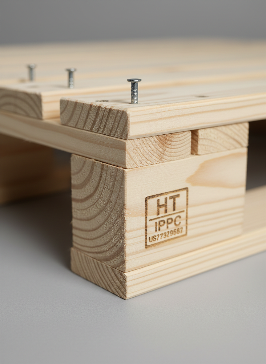 A detailed macro-style photographic shot of the corner of a high-quality wooden pallet, focusing on the junction where the top deck board meets the solid block and stringer. The tight framing reveals clean cuts, robust nails, smooth sanded surfaces, and legible heat-treatment stamps burned into the wood. Neutral, diffused studio lighting eliminates harsh reflections, emphasizing texture and construction quality. The background is a soft, out-of-focus gray that makes the pale wood tone stand out. Captured with a shallow depth of field and a technical, product-photography aesthetic, the mood is precise and expert, ideal for highlighting quality standards in professional pallet trading and supply services.