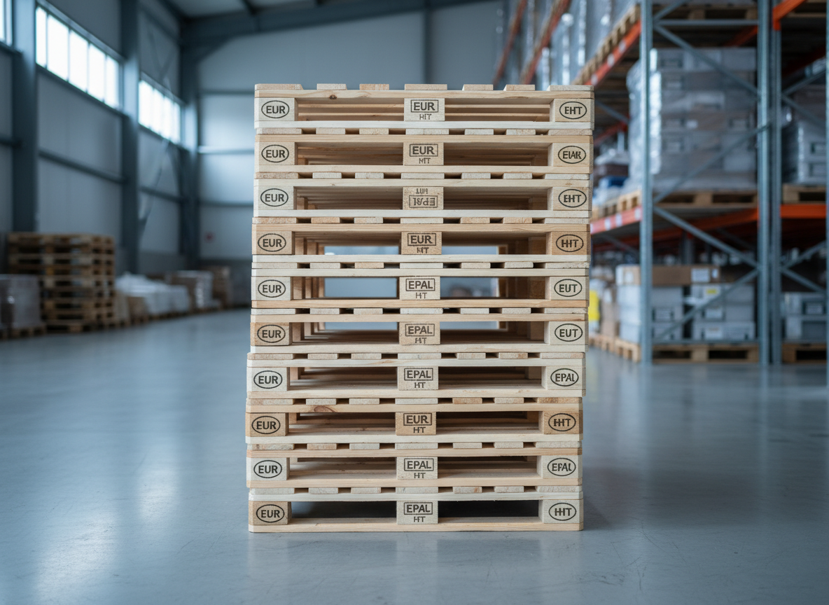 A neat stack of standard Euro-size wooden pallets made of light-colored, smooth planed timber, the grain and stamped markings clearly visible on each board. The pallets are aligned precisely on a clean concrete warehouse floor, with tall racking and additional pallet stacks softly blurred in the background. Cool, diffused daylight filters in from high side windows, creating gentle shadows between the slats and subtle highlights along the edges. Captured at eye level with moderate depth of field, the composition emphasizes order, reliability, and capacity. The photographic realism and clean, modern aesthetic communicate professional pallet supply, suitable as a universal hero image for a pallet trading business.