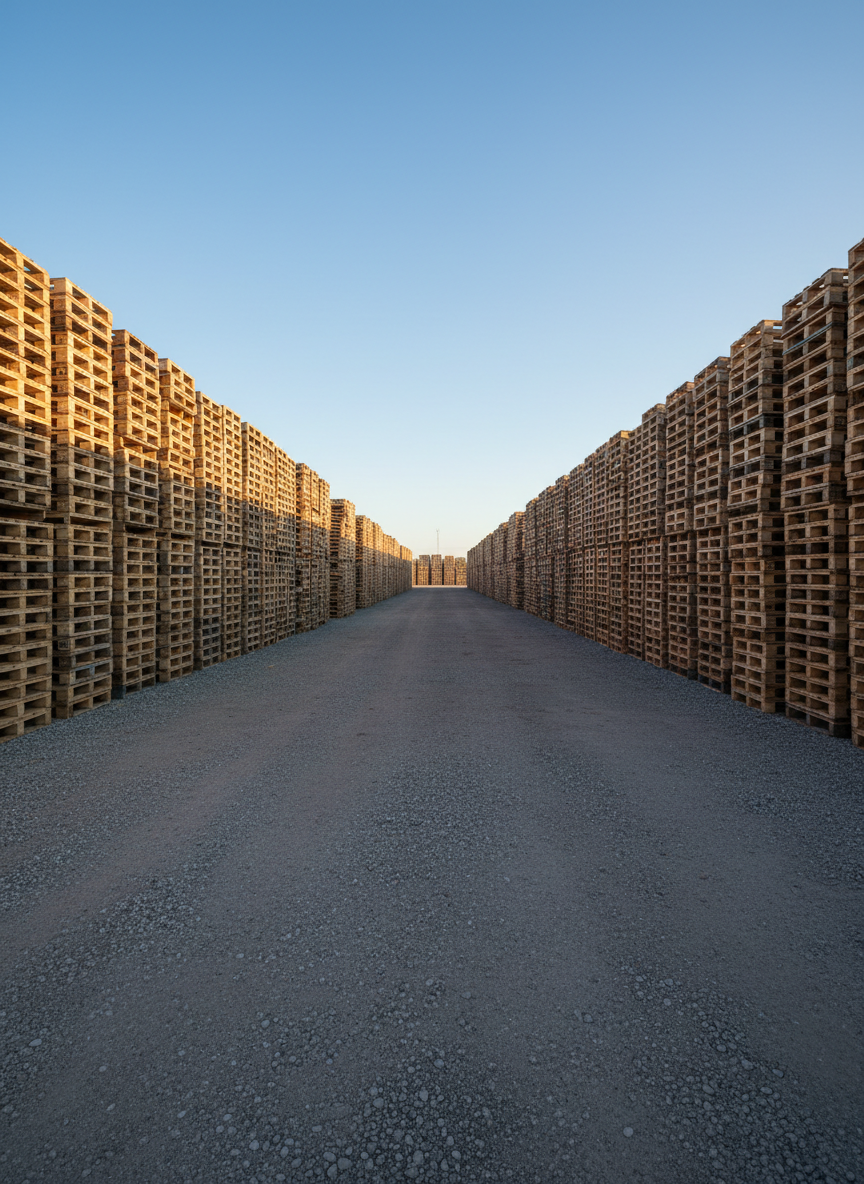 An outdoor pallet storage yard filled with long, orderly rows of stacked wooden pallets, arranged four or five high on a level gravel surface. The timber varies subtly in hue, from freshly cut light pine to gently weathered tan, revealing the dynamic nature of ongoing stock turnover. Late afternoon natural light casts a warm, golden tone, with elongated shadows between the rows and a clear blue sky overhead. Shot from a slightly elevated, wide-angle viewpoint using the rule of thirds, the image conveys impressive inventory capacity and organized operations. The photographic style is realistic and clean, emphasizing professionalism in large-scale pallet procurement and distribution.